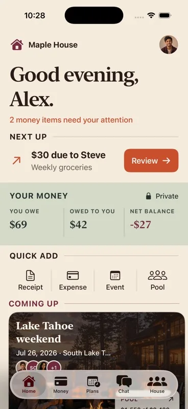 Roofmates Home on iOS: a household greeting, the amount due to a roommate, a private balance summary, quick add actions, and an upcoming shared event.